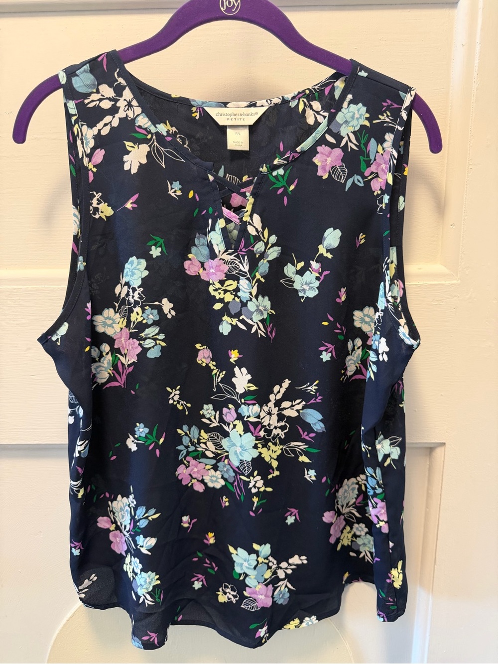 Christopher & Banks Navy Floral Crisscross V-Neck Sleeveless Top
